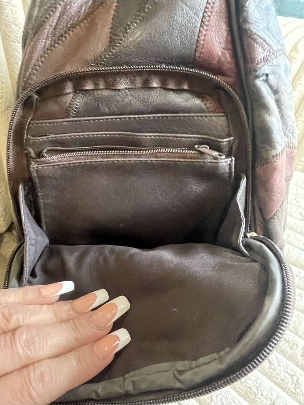 Vintage 70,s Hippie Patchwork Leather Crossbody Sling - Brown, Black - Picture 8 of 10